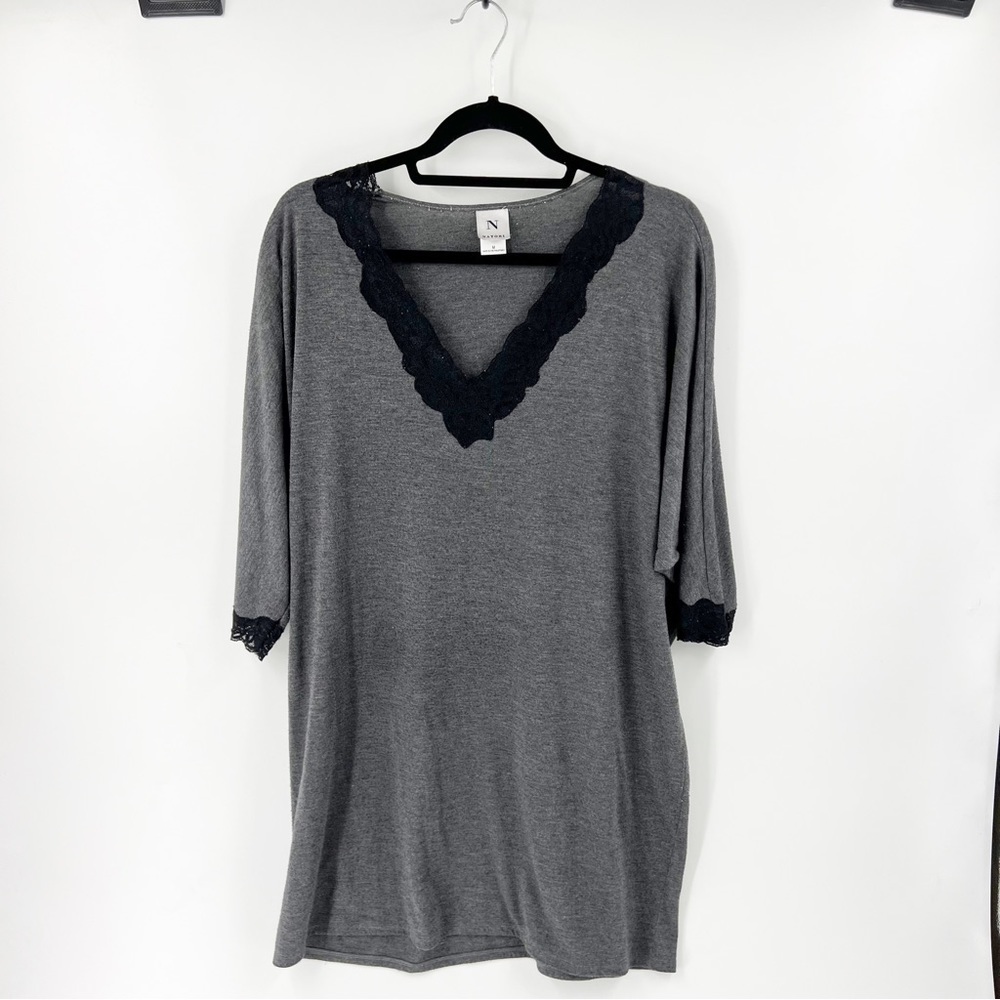 ✅ Natori T-Shirt Gown Grey with Black Lace V-Neck Size Medium